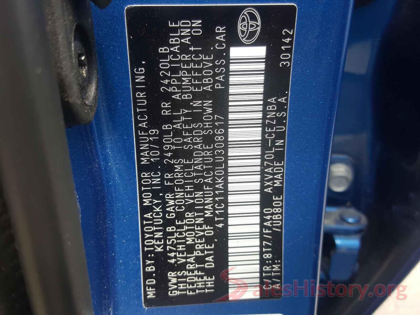 4T1C11AK0LU308617 2020 TOYOTA CAMRY