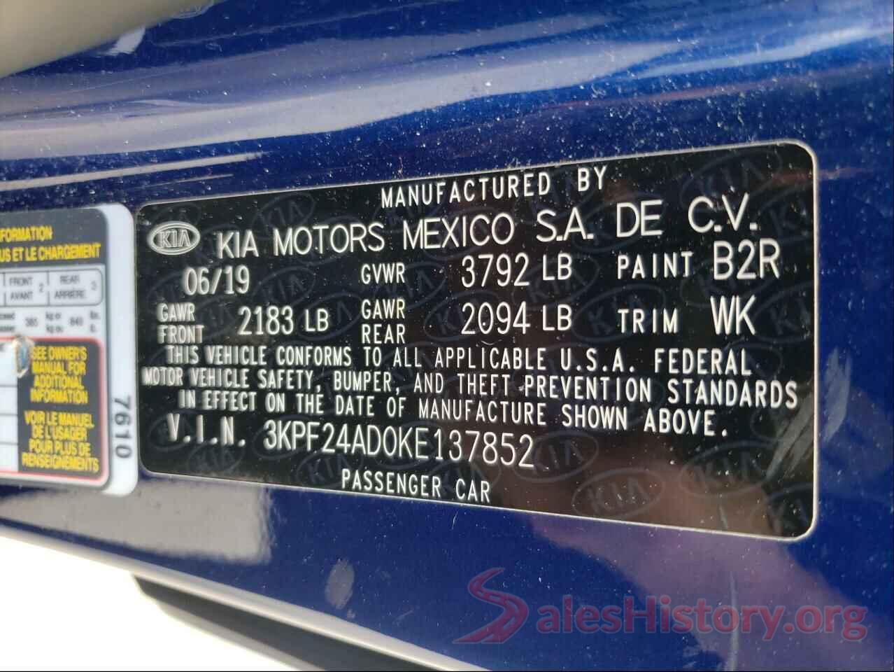 3KPF24AD0KE137852 2019 KIA FORTE