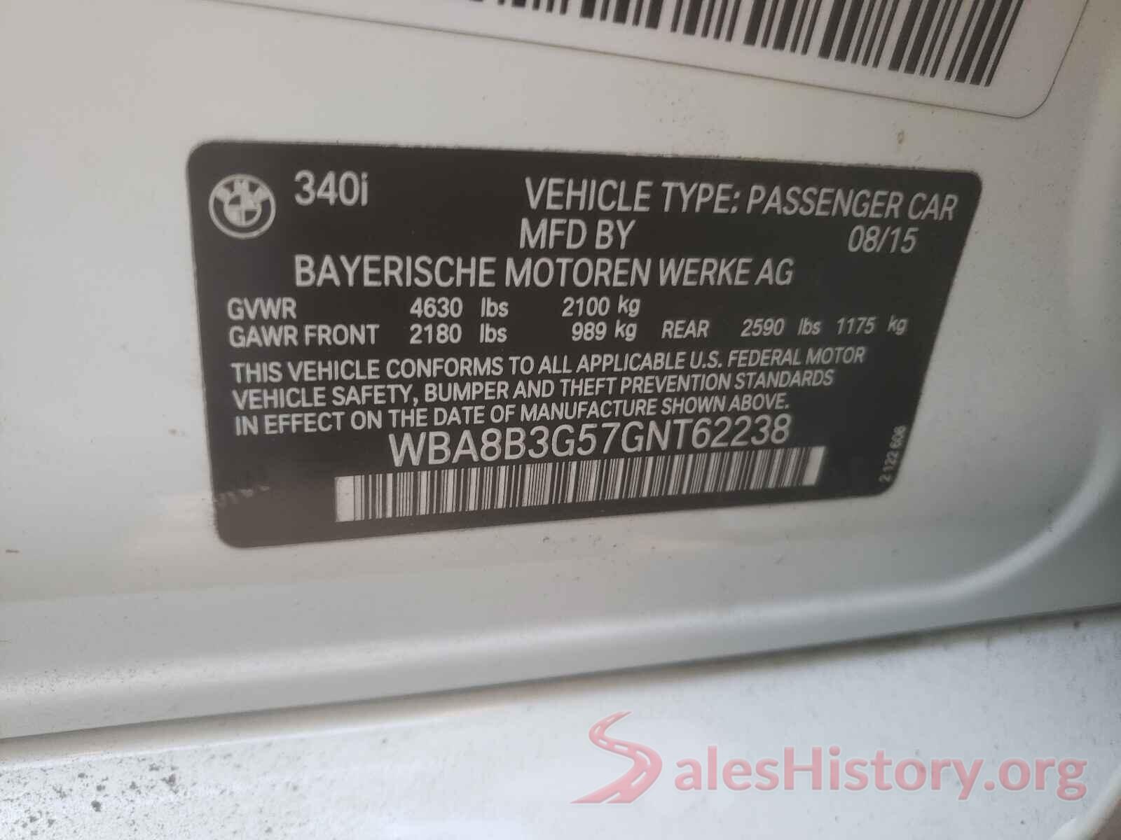 WBA8B3G57GNT62238 2016 BMW 3 SERIES