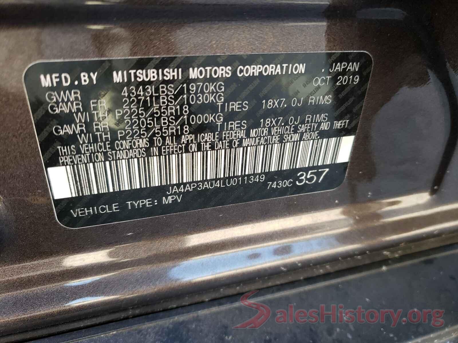 JA4AP3AU4LU011349 2020 MITSUBISHI OUTLANDER