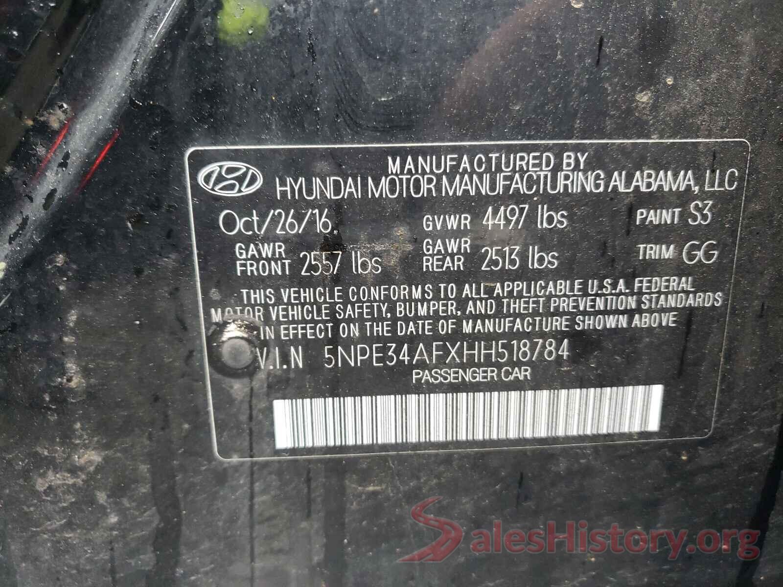 5NPE34AFXHH518784 2017 HYUNDAI SONATA