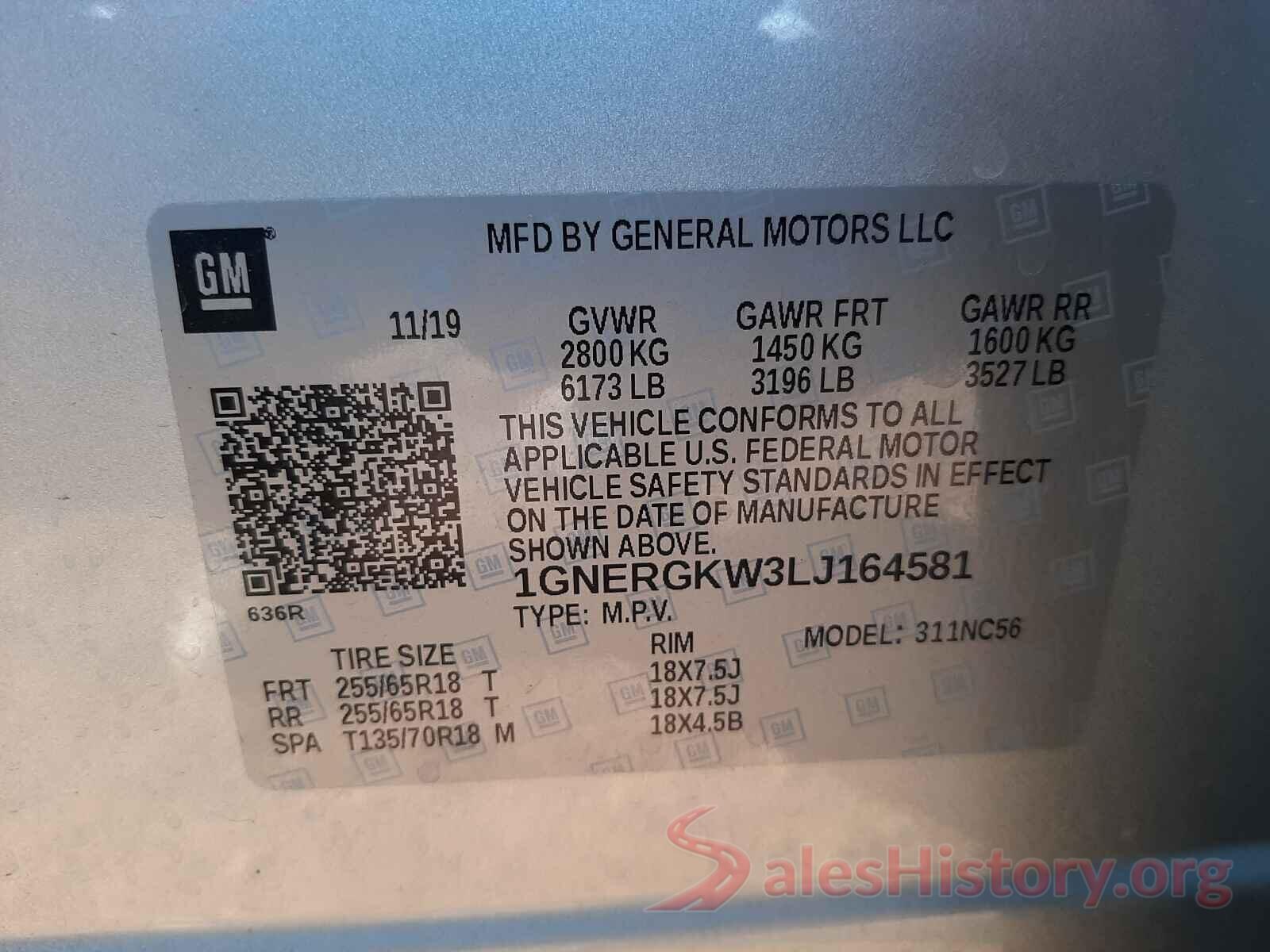 1GNERGKW3LJ164581 2020 CHEVROLET TRAVERSE