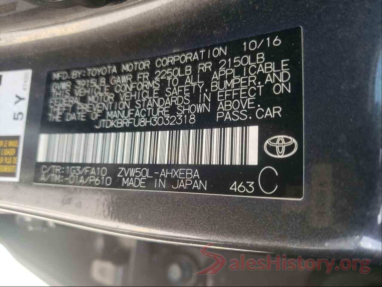 JTDKBRFU8H3032318 2017 TOYOTA PRIUS