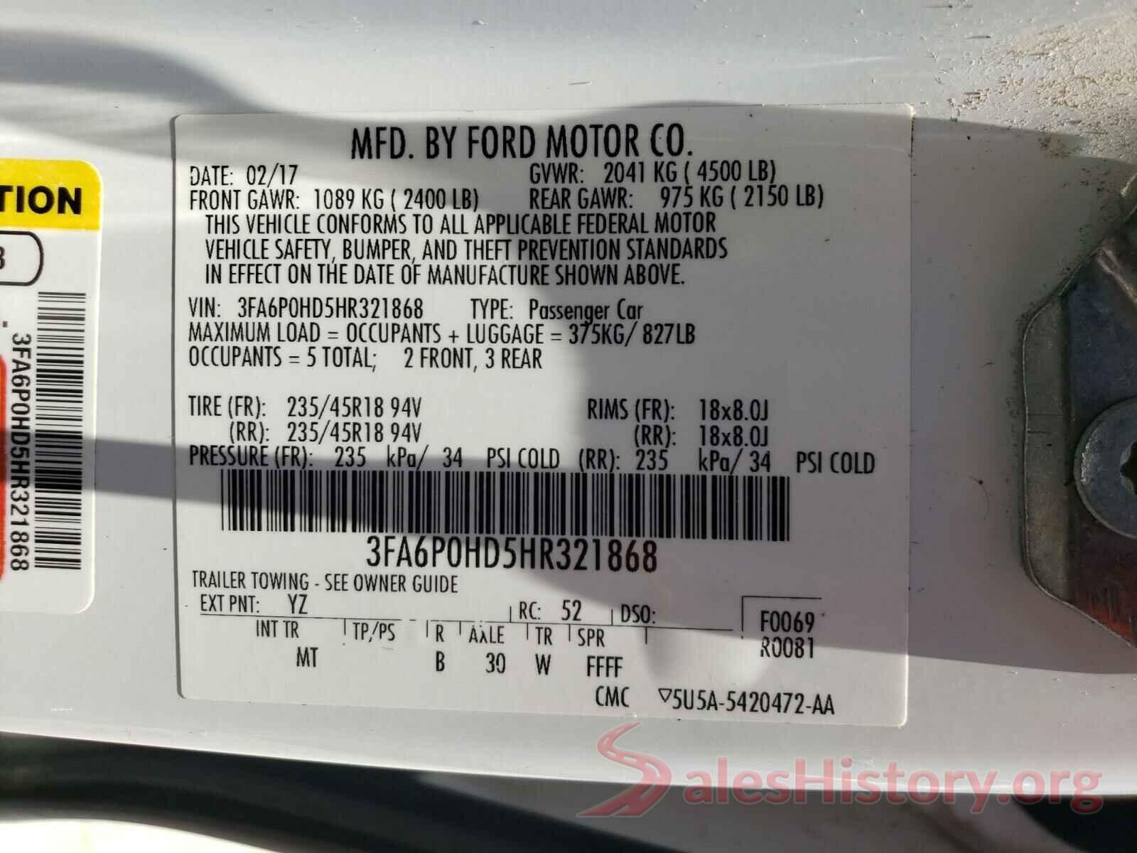 3FA6P0HD5HR321868 2017 FORD FUSION