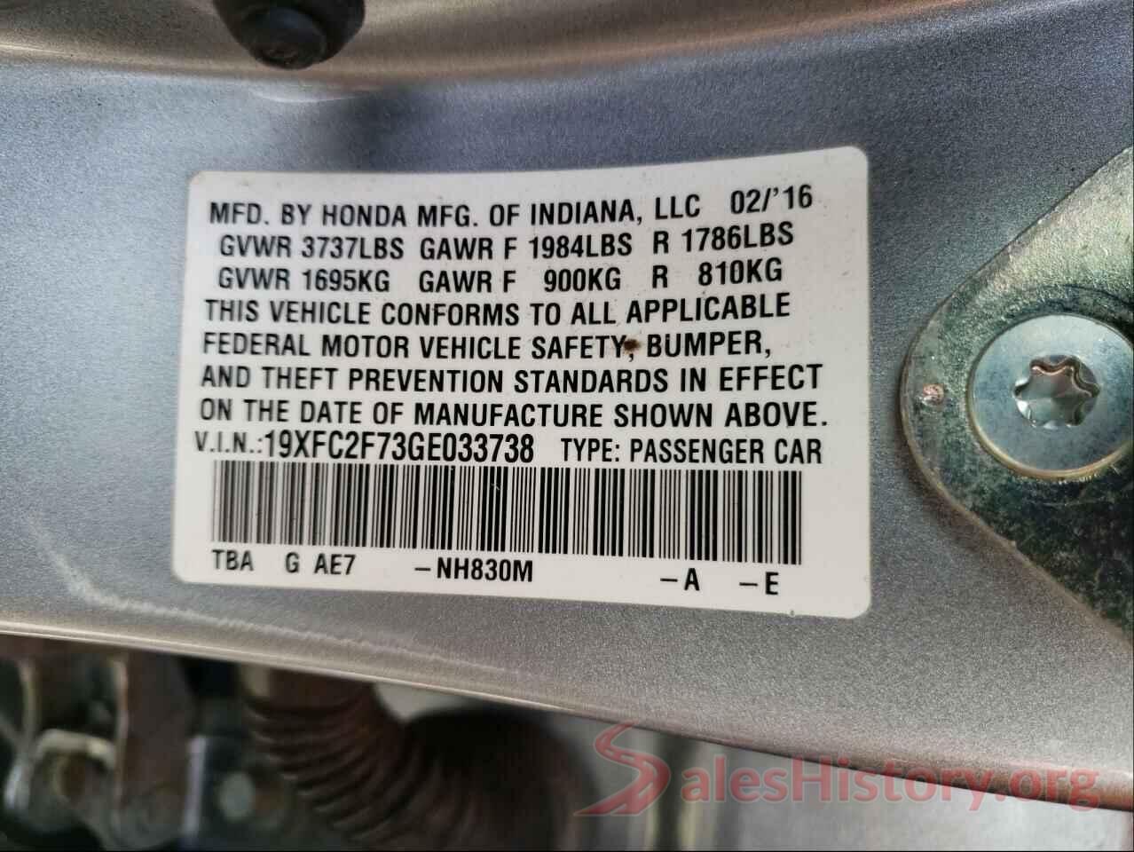 19XFC2F73GE033738 2016 HONDA CIVIC