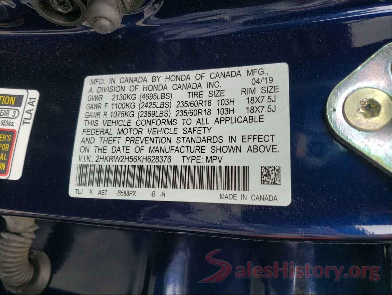 2HKRW2H56KH628376 2019 HONDA CRV