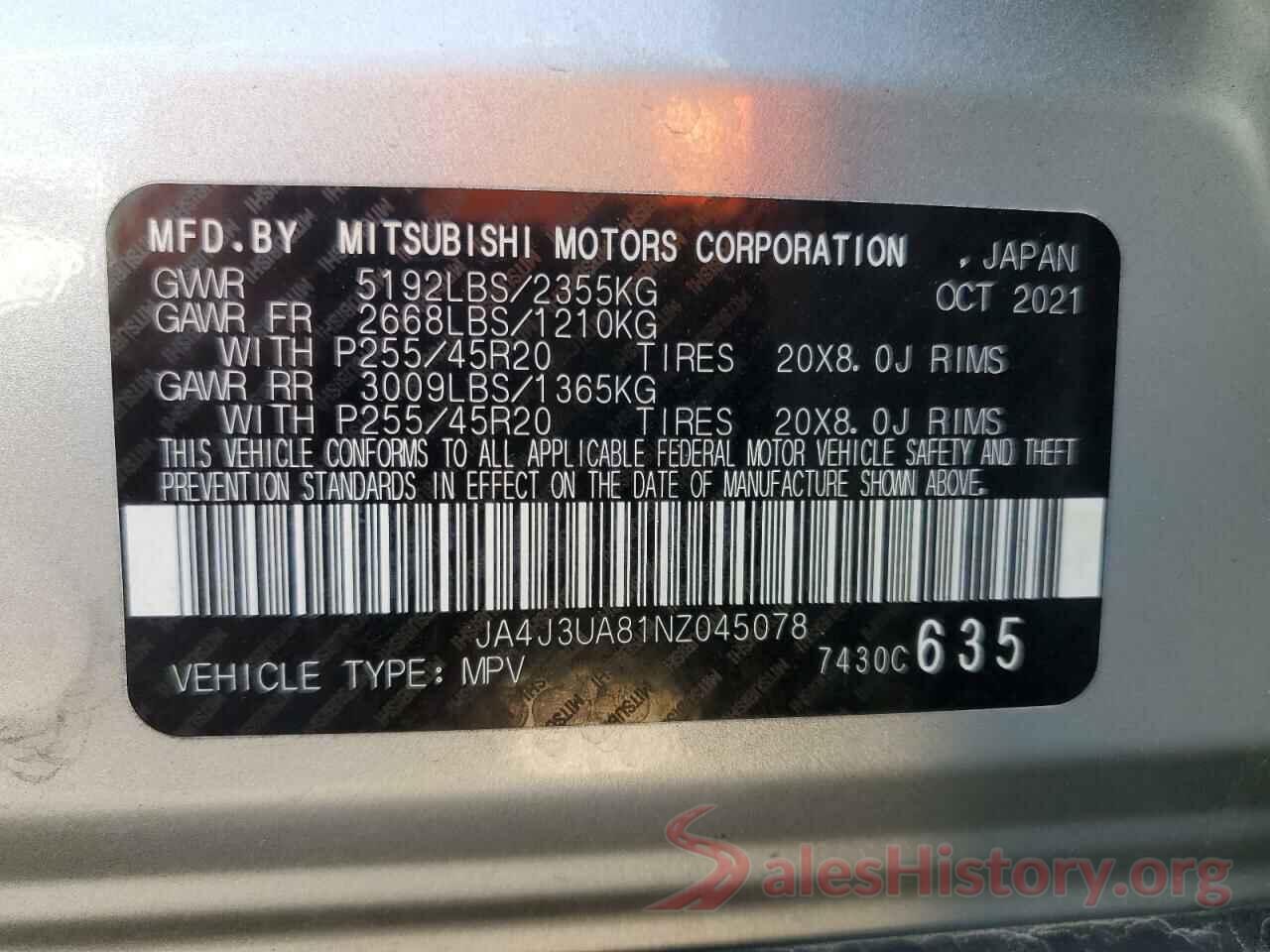 JA4J3UA81NZ045078 2022 MITSUBISHI OUTLANDER