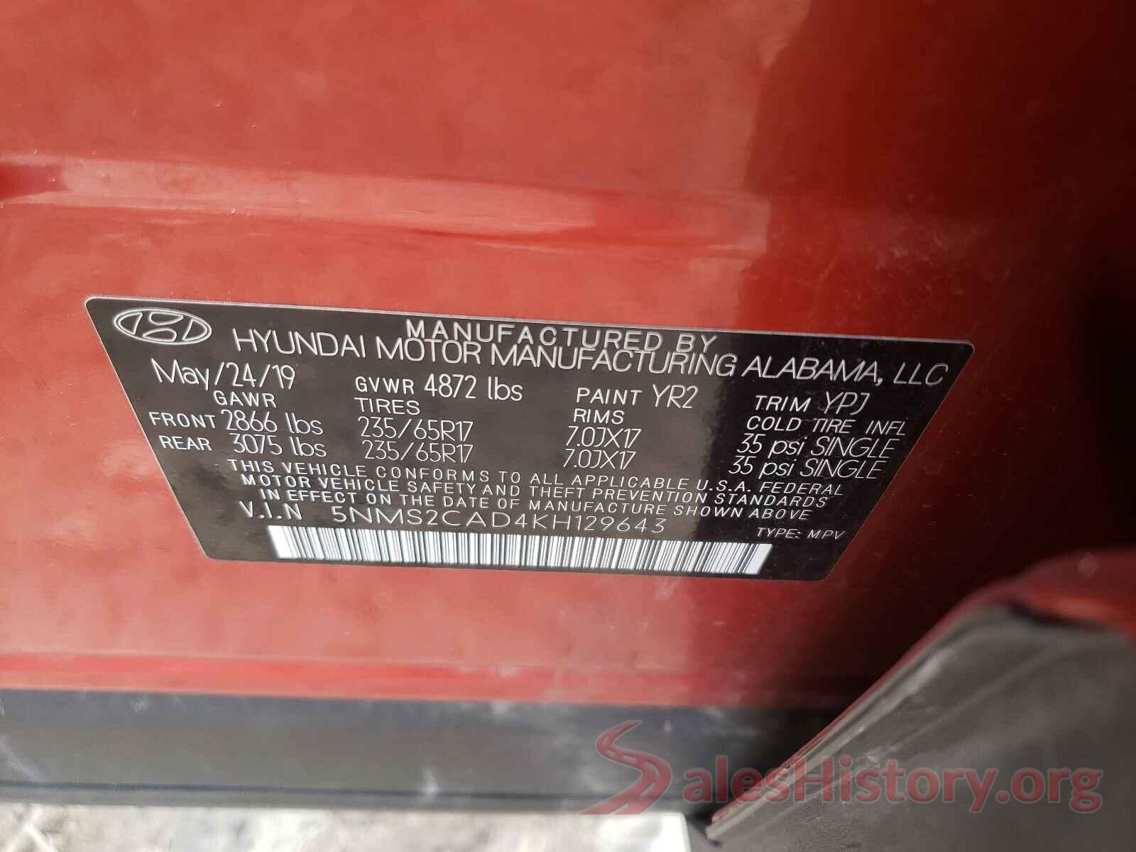 5NMS2CAD4KH129643 2019 HYUNDAI SANTA FE