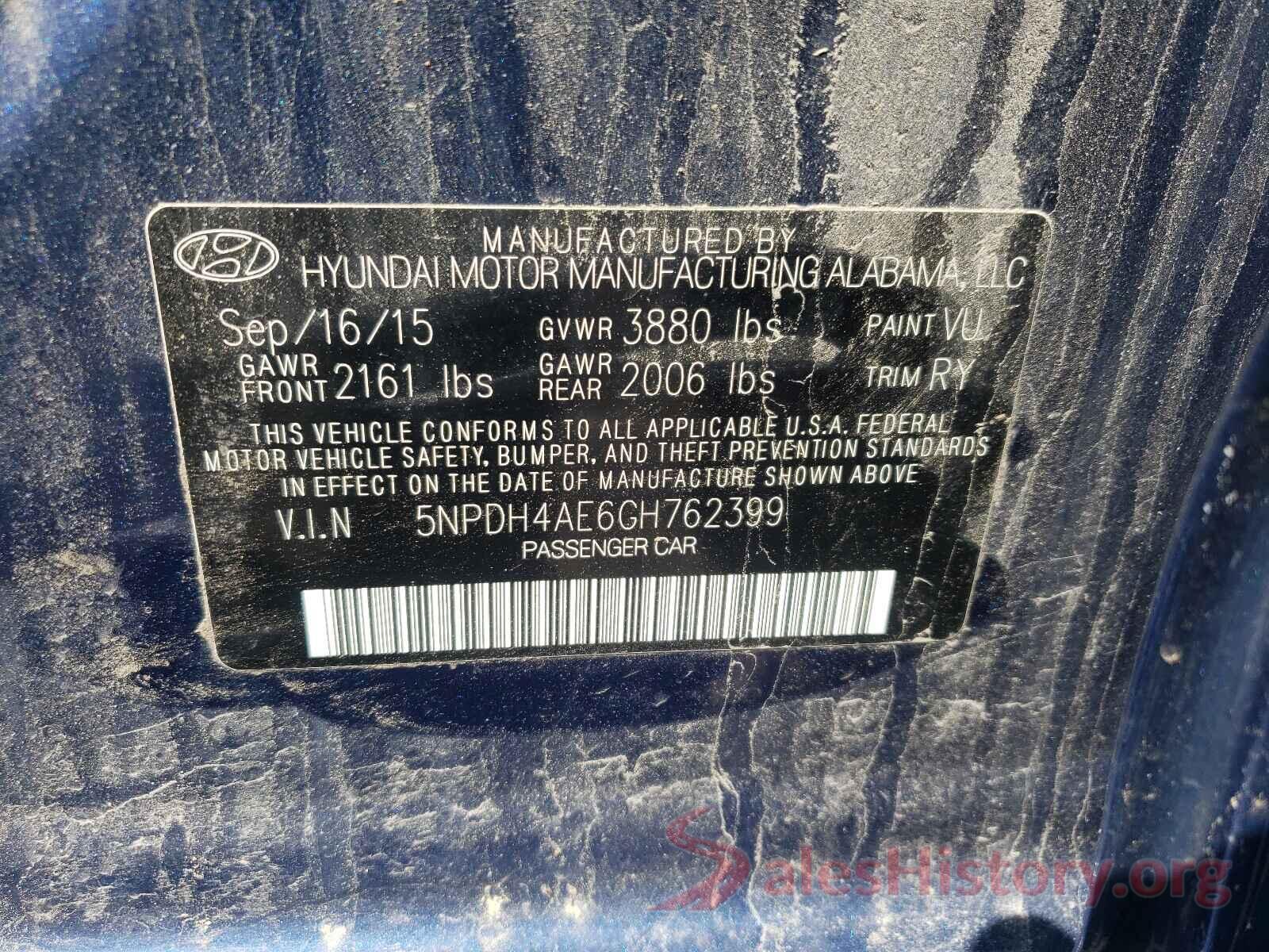 5NPDH4AE6GH762399 2016 HYUNDAI ELANTRA