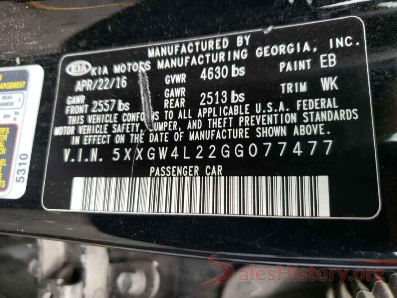 5XXGW4L22GG077477 2016 KIA OPTIMA