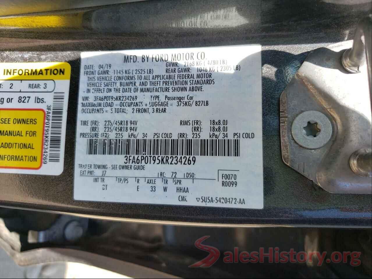 3FA6P0T95KR234269 2019 FORD FUSION