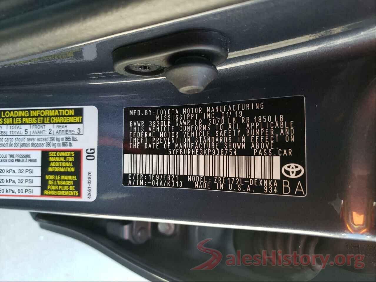 5YFBURHE3KP936754 2019 TOYOTA COROLLA