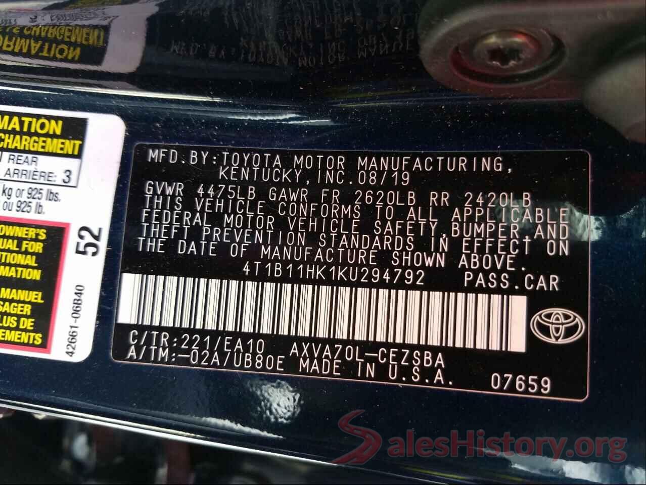 4T1B11HK1KU294792 2019 TOYOTA CAMRY