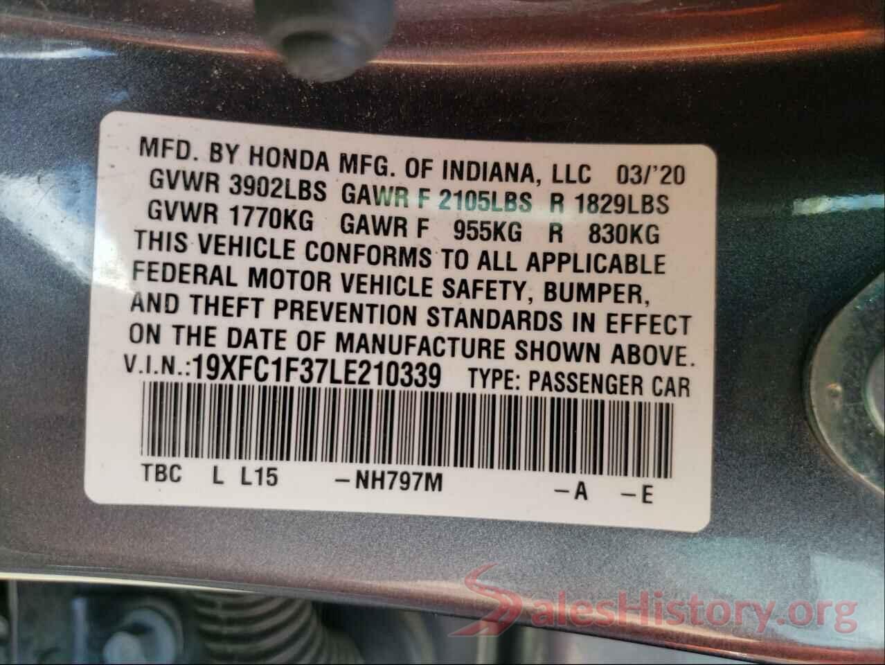 19XFC1F37LE210339 2020 HONDA CIVIC