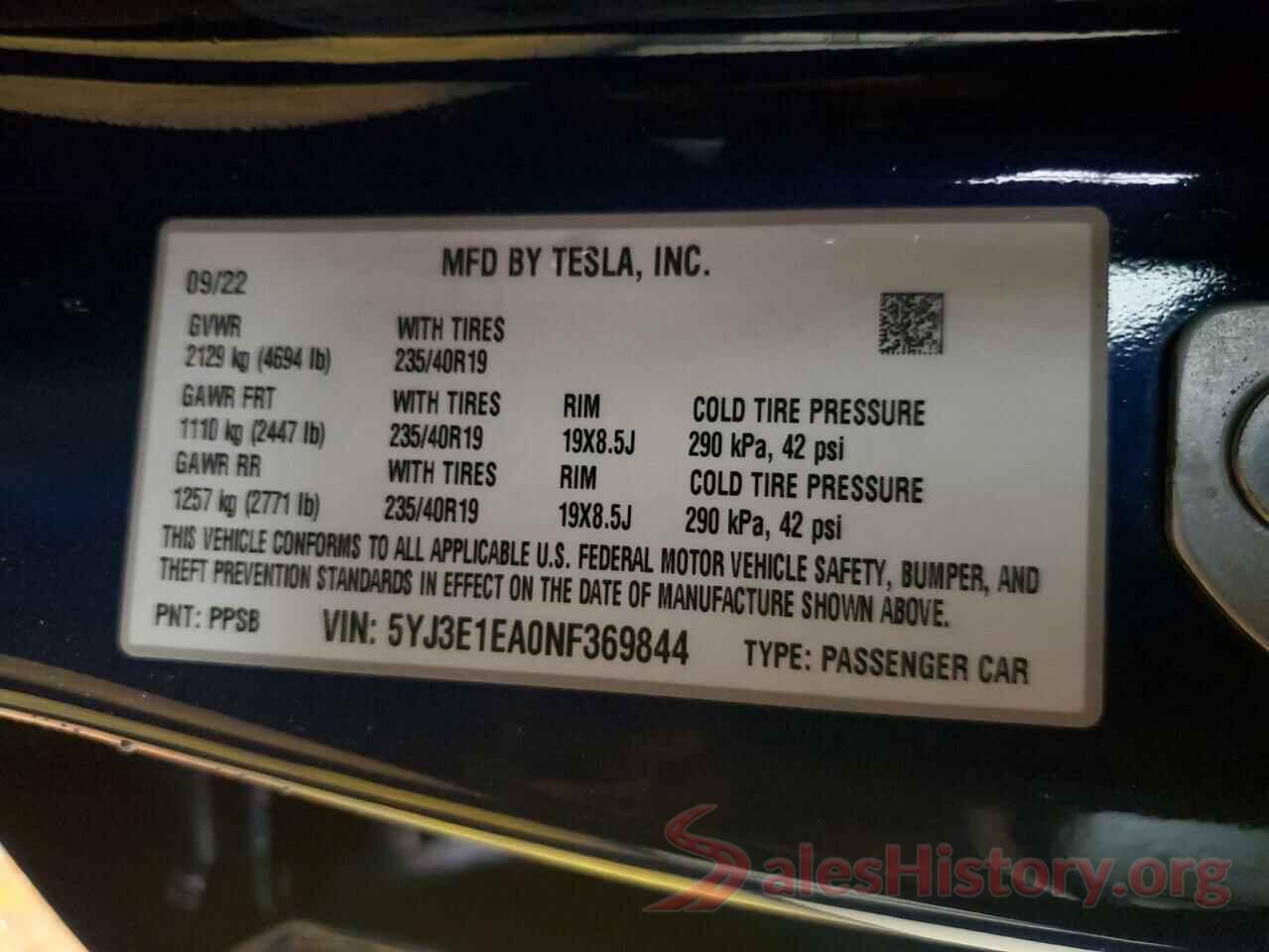 5YJ3E1EA0NF369844 2022 TESLA MODEL 3