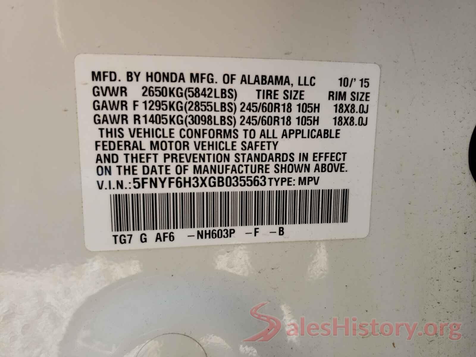 5FNYF6H3XGB035563 2016 HONDA PILOT