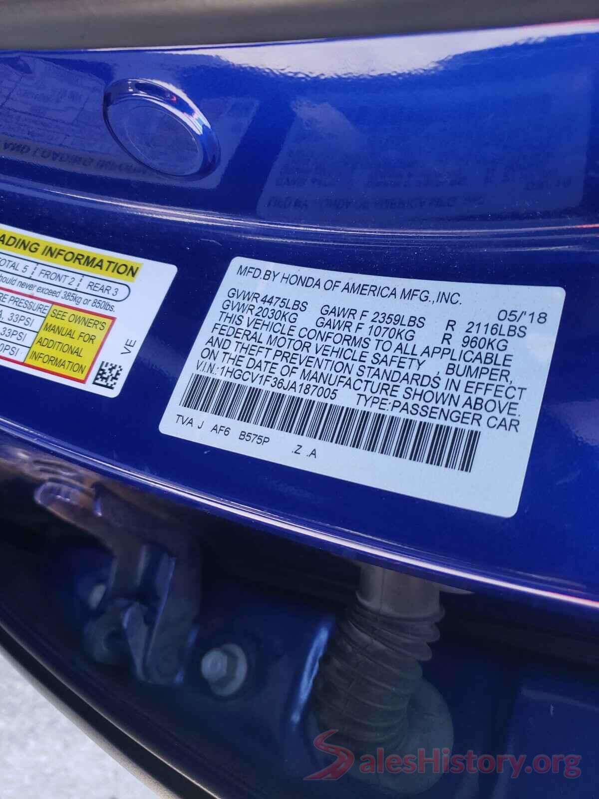 1HGCV1F36JA187005 2018 HONDA ACCORD