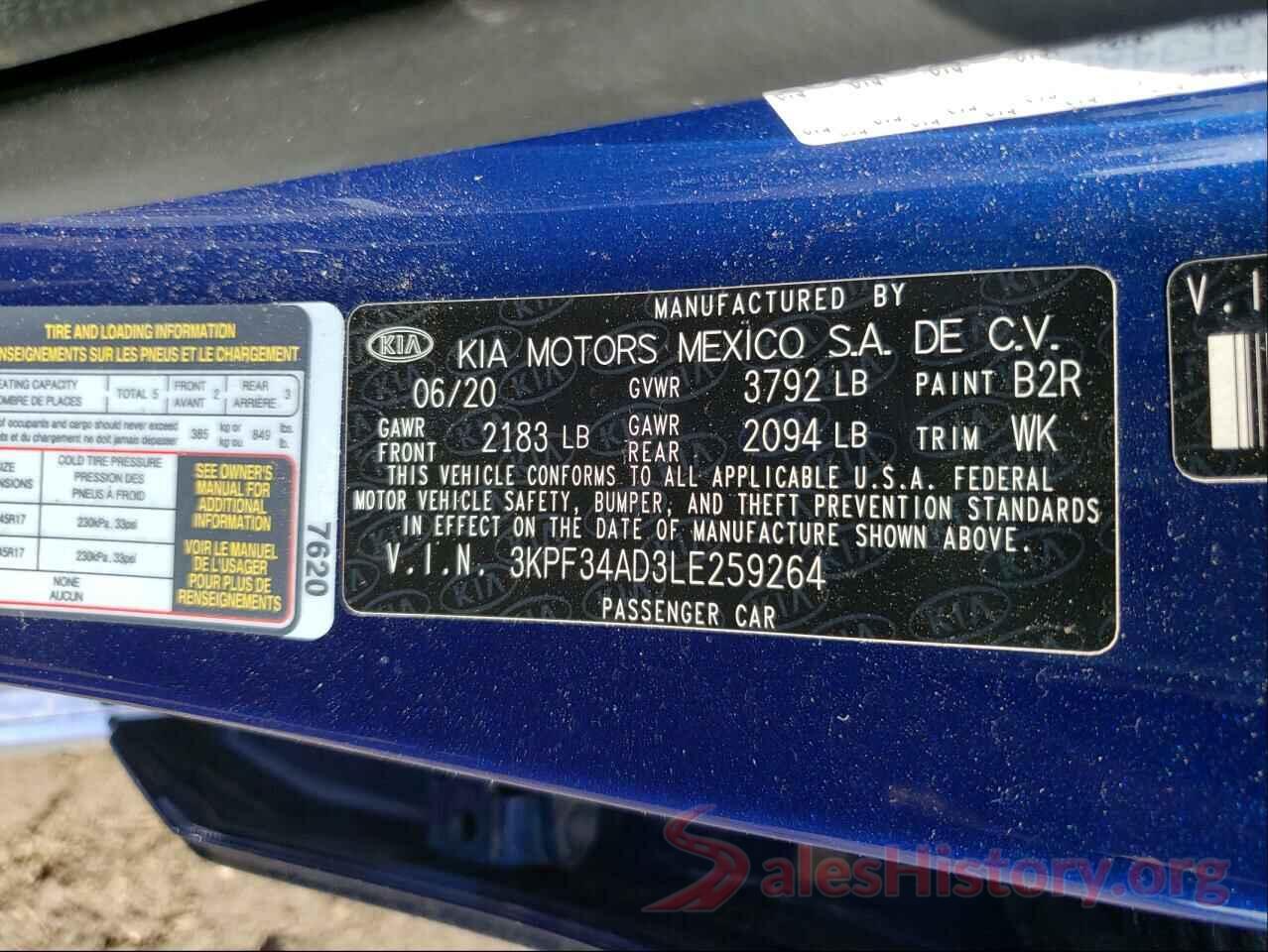 3KPF34AD3LE259264 2020 KIA FORTE