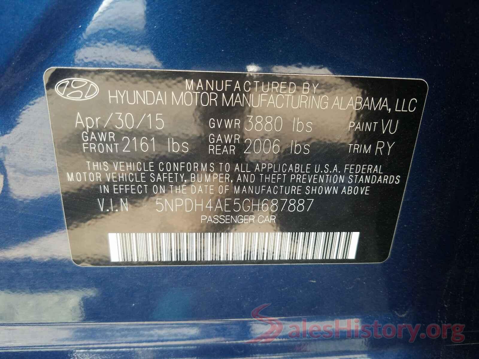 5NPDH4AE5GH687887 2016 HYUNDAI ELANTRA