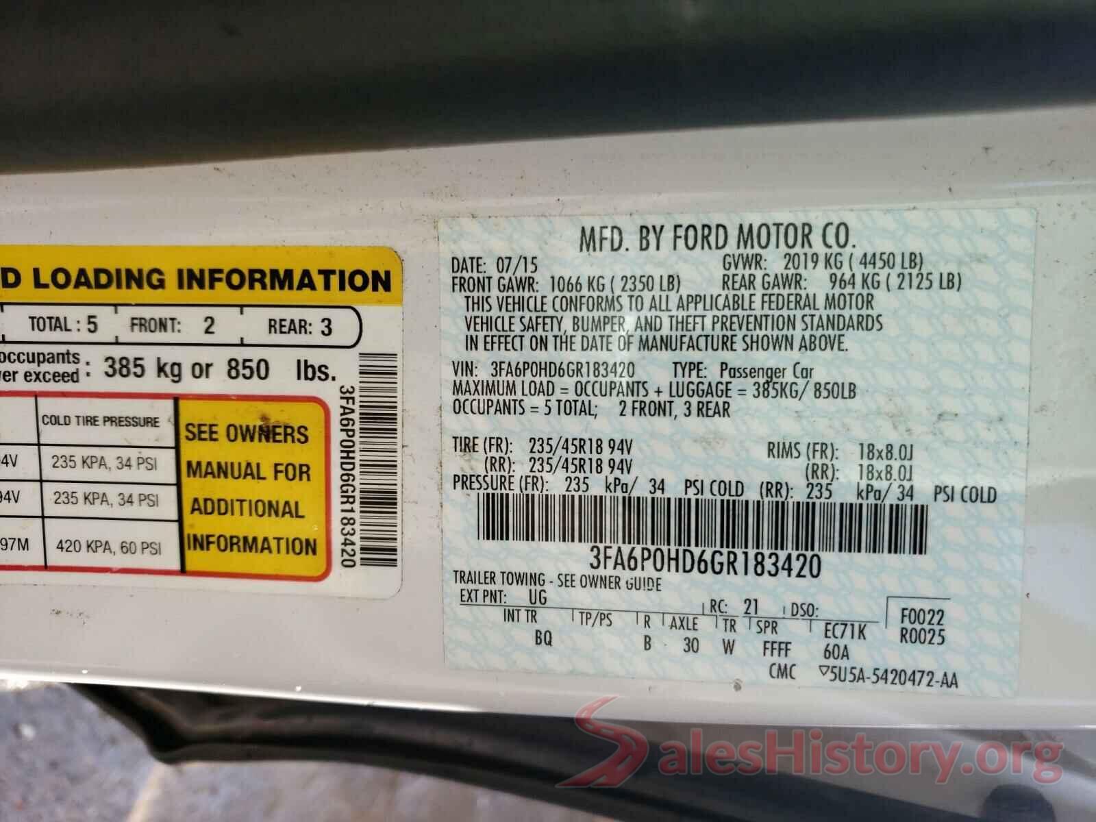 3FA6P0HD6GR183420 2016 FORD FUSION