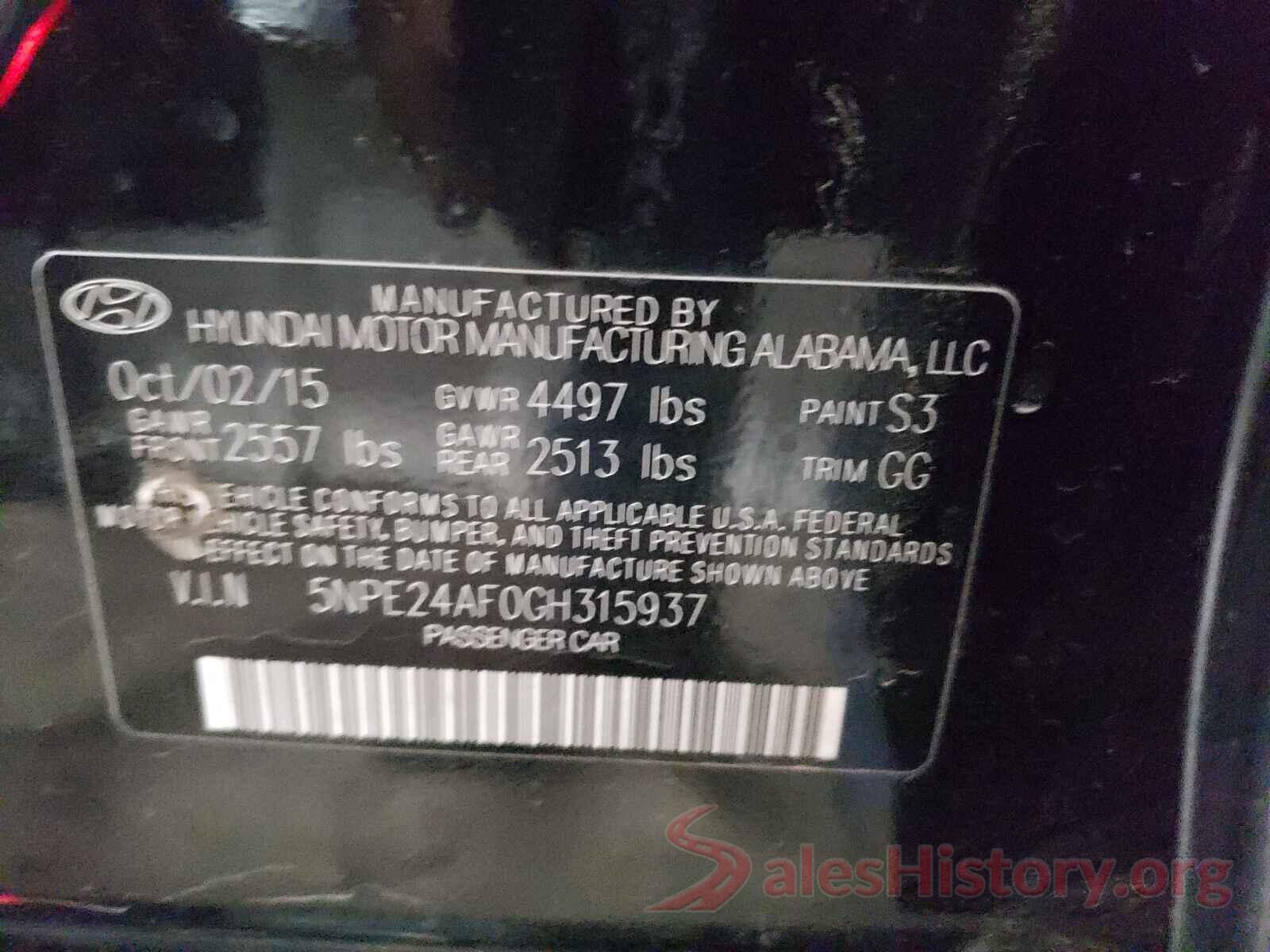 5NPE24AF0GH315937 2016 HYUNDAI SONATA