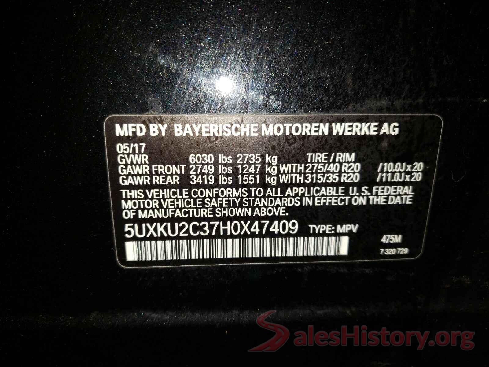 5UXKU2C37H0X47409 2017 BMW X6