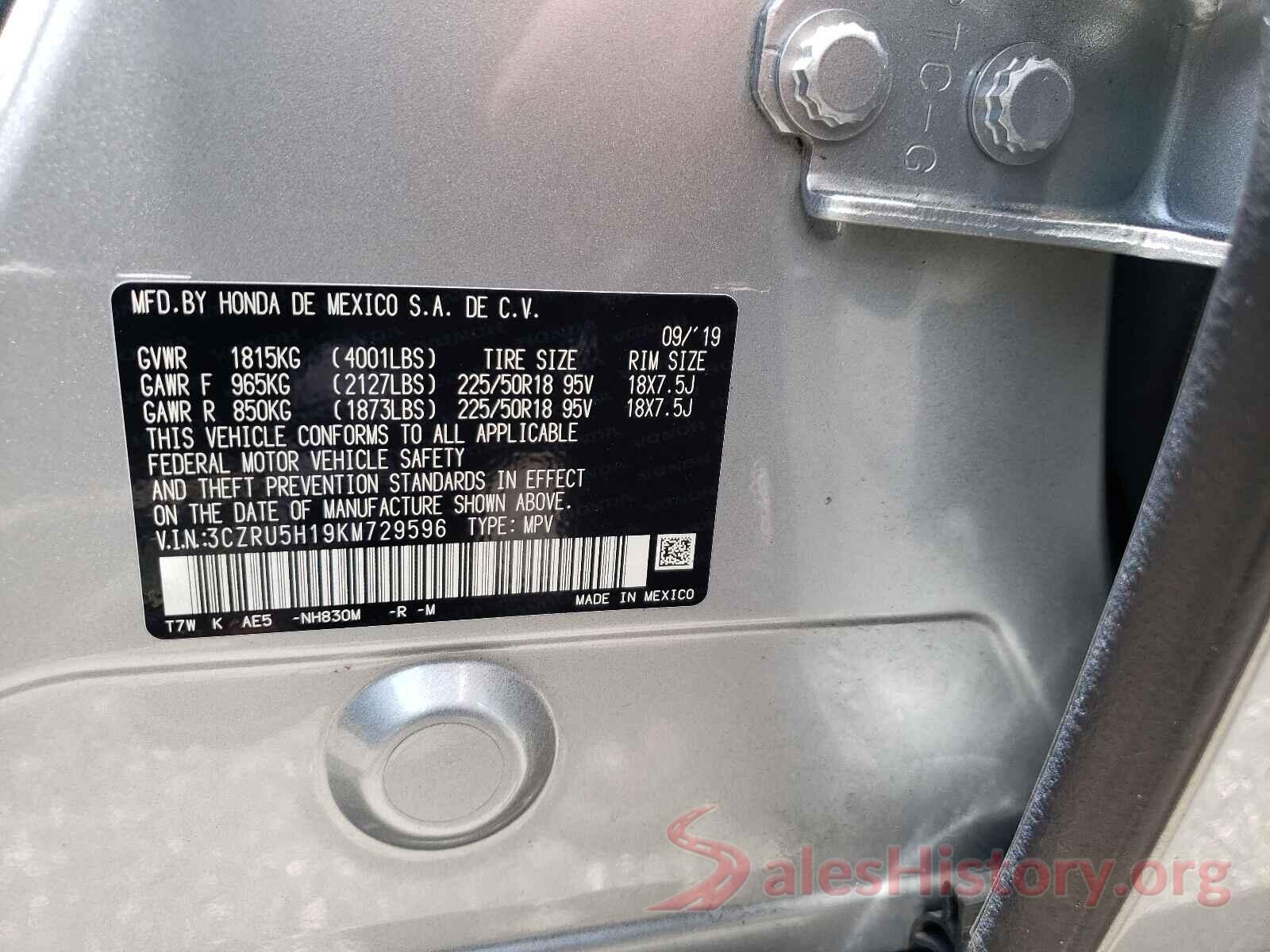 3CZRU5H19KM729596 2019 HONDA HR-V