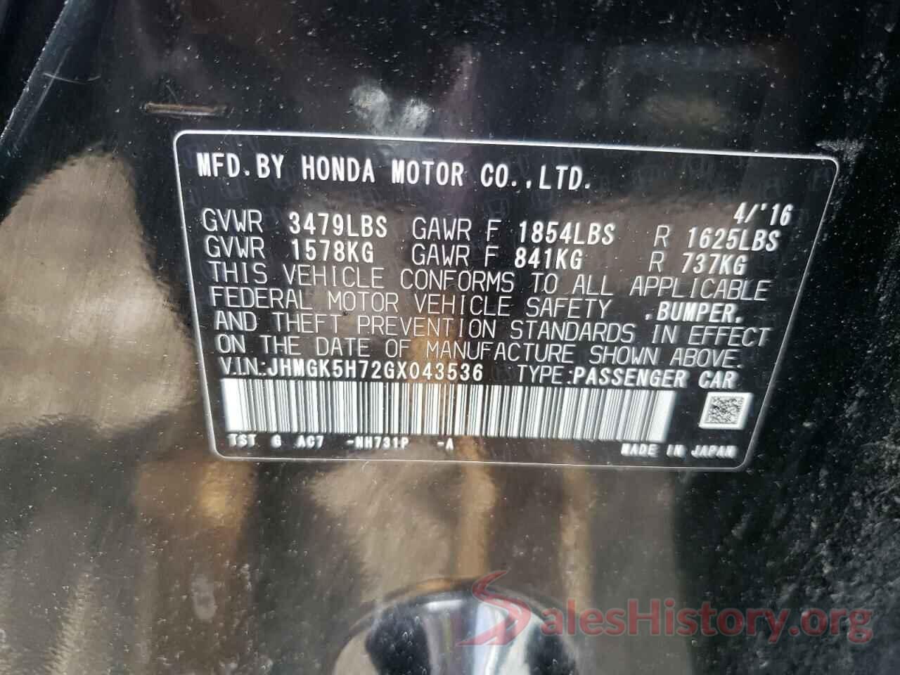 JHMGK5H72GX043536 2016 HONDA FIT