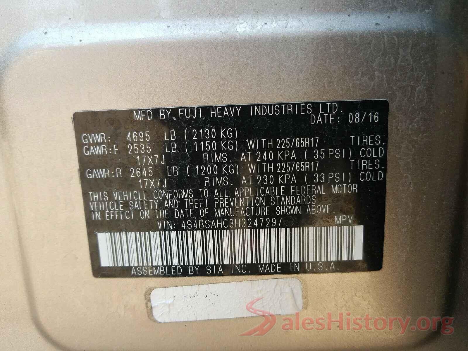 4S4BSAHC3H3247297 2017 SUBARU OUTBACK