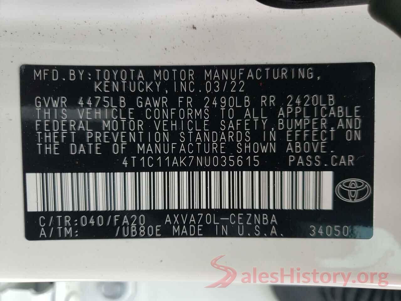 4T1C11AK7NU035615 2022 TOYOTA CAMRY