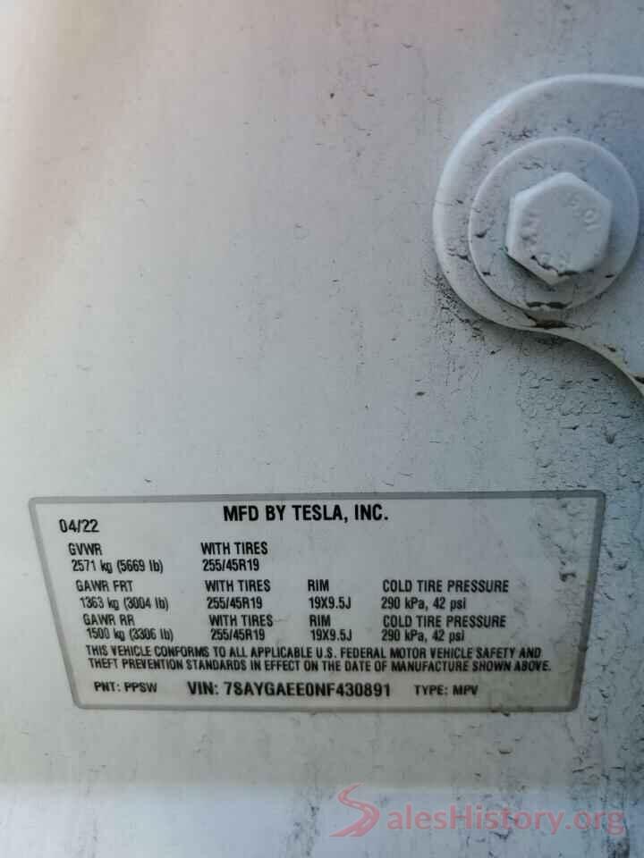 7SAYGAEE0NF430891 2022 TESLA MODEL Y