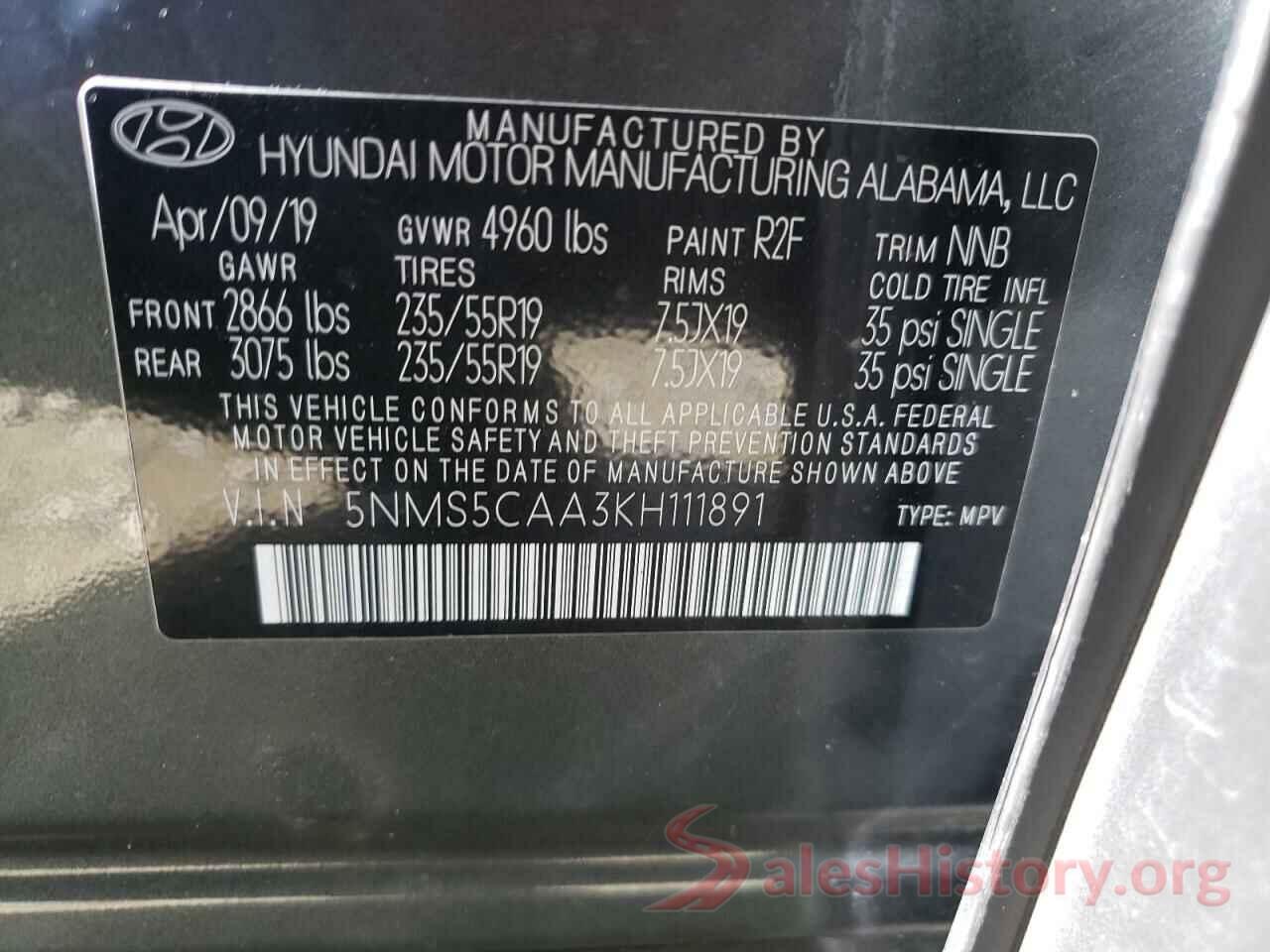 5NMS5CAA3KH111891 2019 HYUNDAI SANTA FE