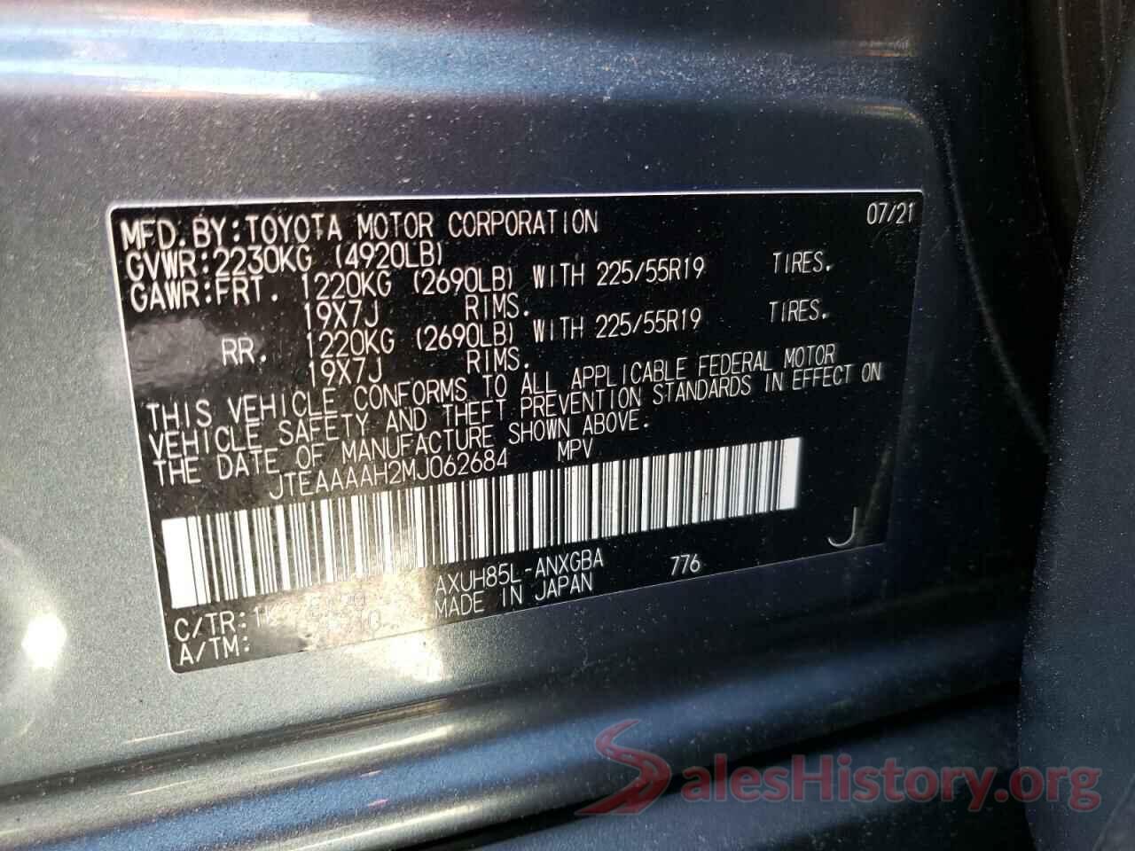 JTEAAAAH2MJ062684 2021 TOYOTA VENZA