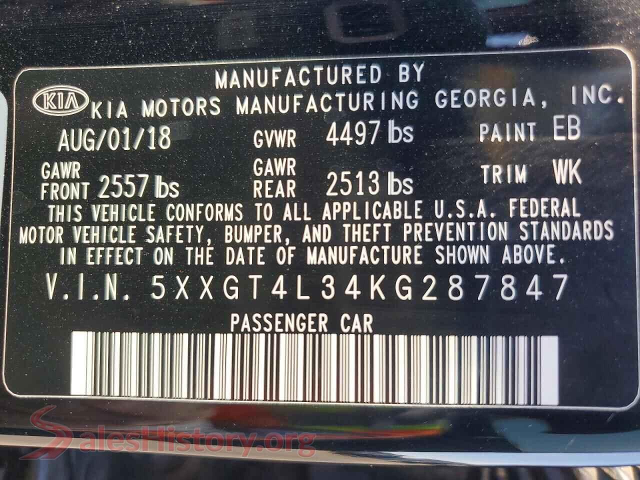 2019 KIA OPTIMA VIN 5XXGT4L34KG287847, trunk area