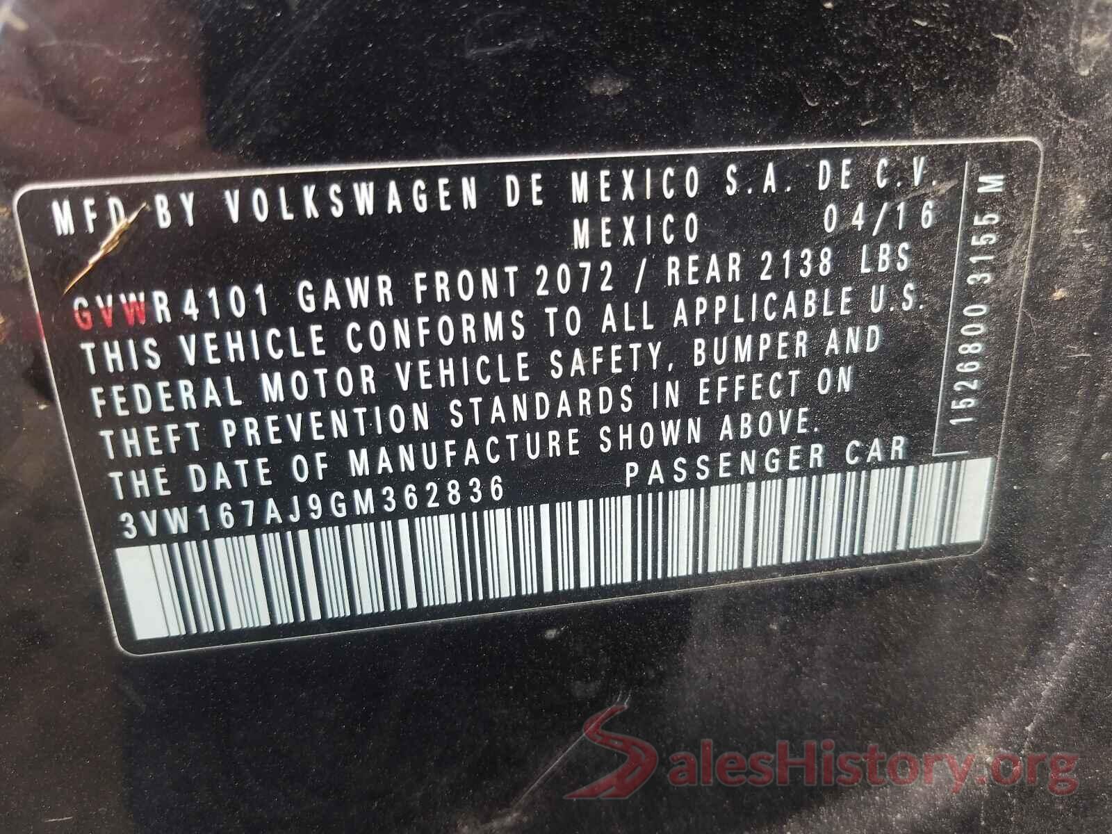 3VW167AJ9GM362836 2016 VOLKSWAGEN JETTA