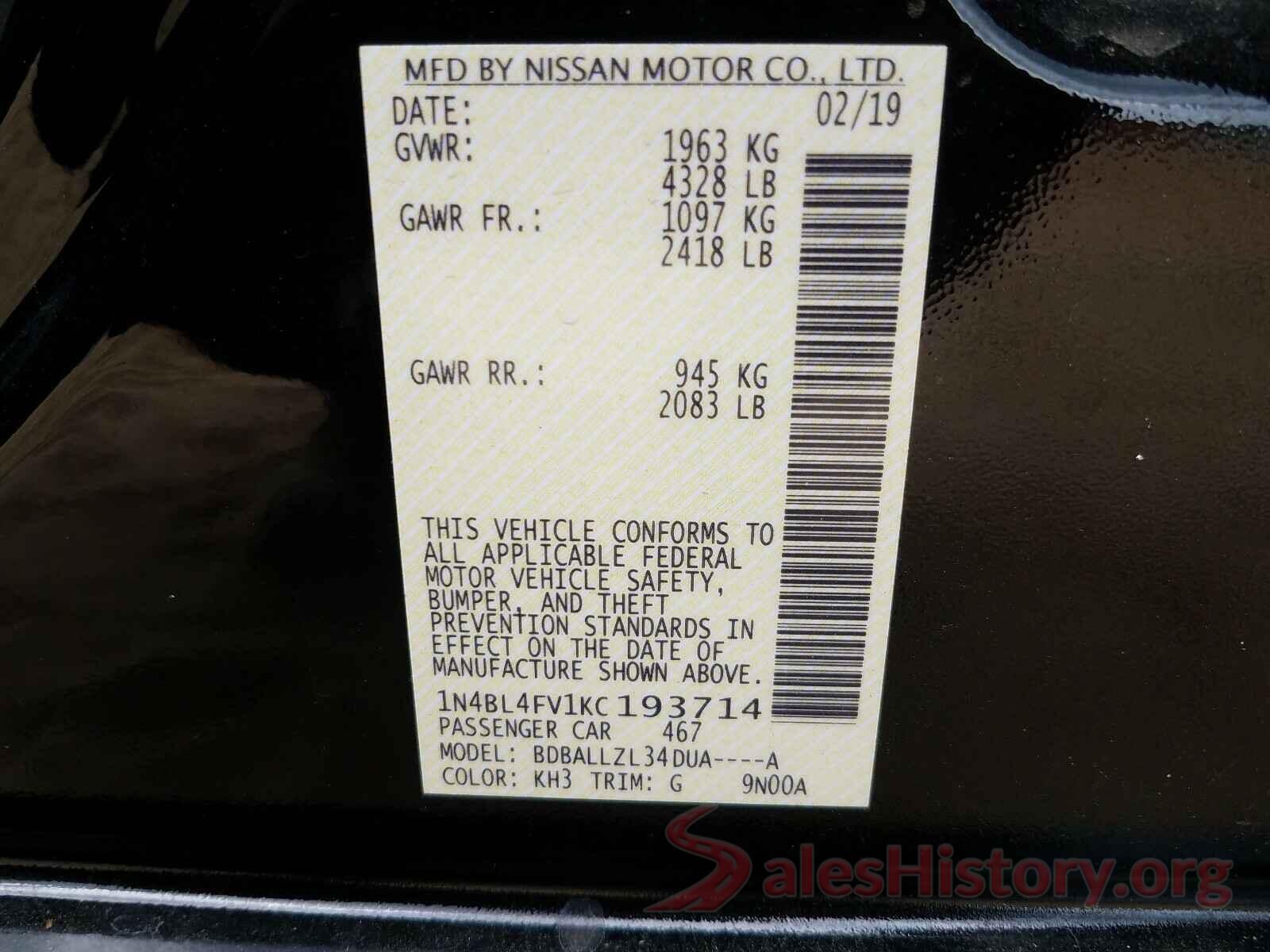 1N4BL4FV1KC193714 2019 NISSAN ALTIMA