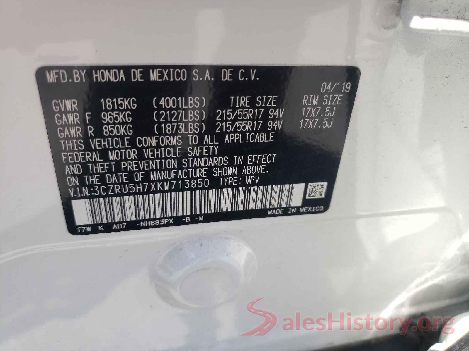 3CZRU5H7XKM713850 2019 HONDA HR-V