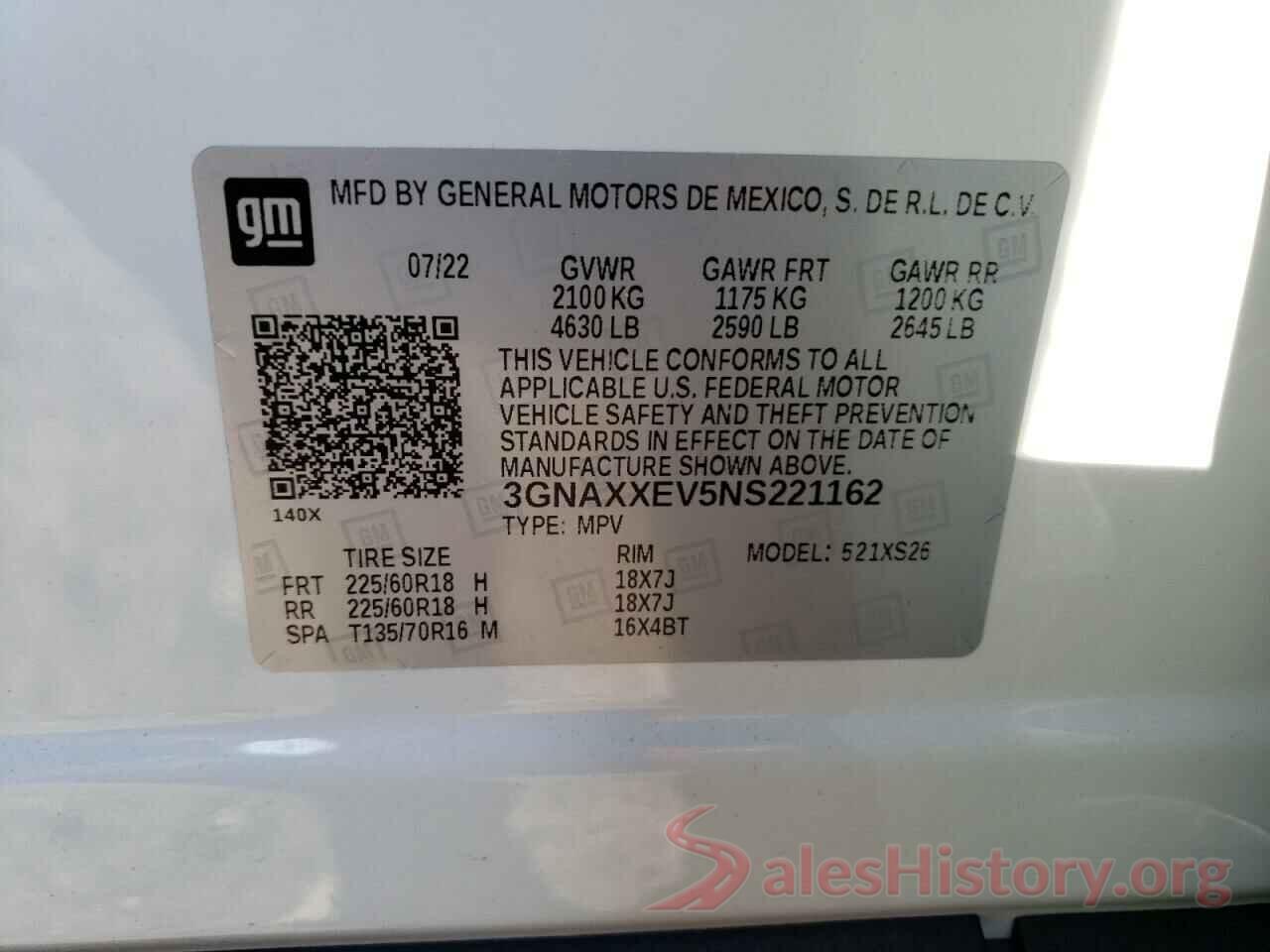 3GNAXXEV5NS221162 2022 CHEVROLET EQUINOX