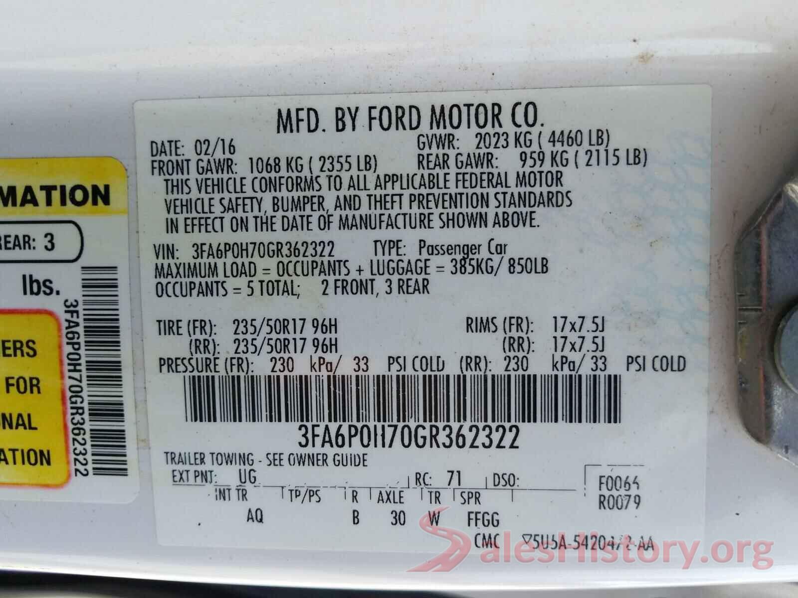 3FA6P0H70GR362322 2016 FORD FUSION