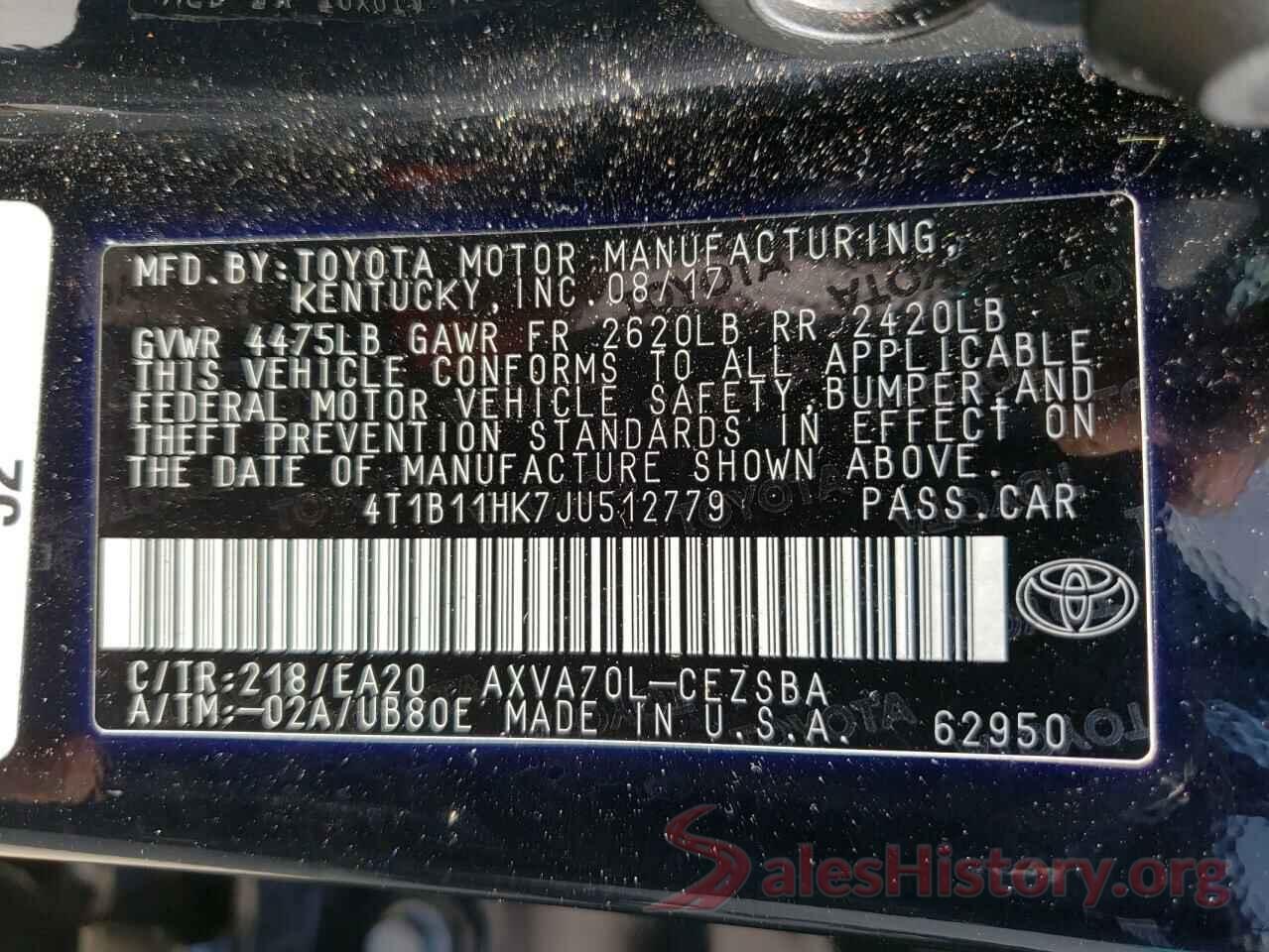 4T1B11HK7JU512779 2018 TOYOTA CAMRY