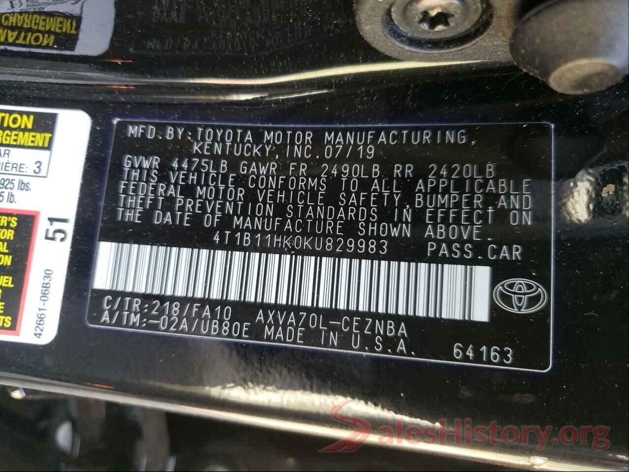 4T1B11HK0KU829983 2019 TOYOTA CAMRY