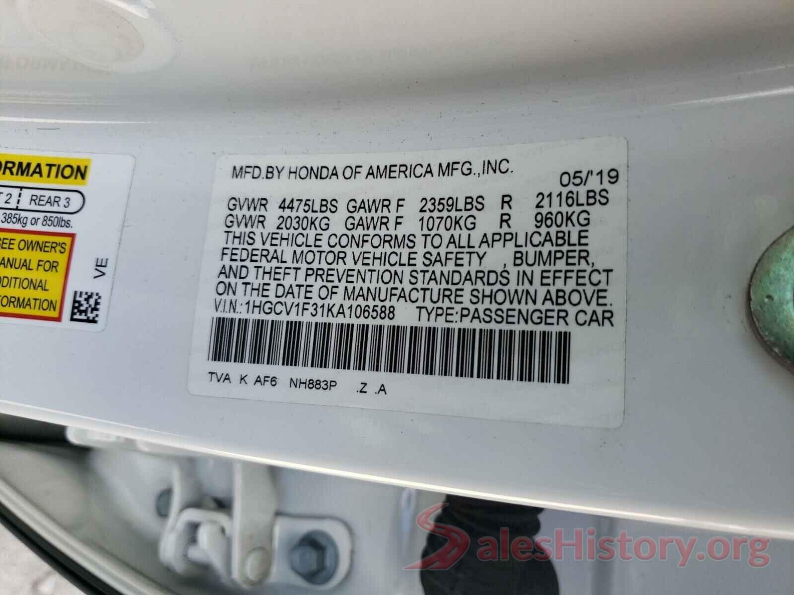 1HGCV1F31KA106588 2019 HONDA ACCORD