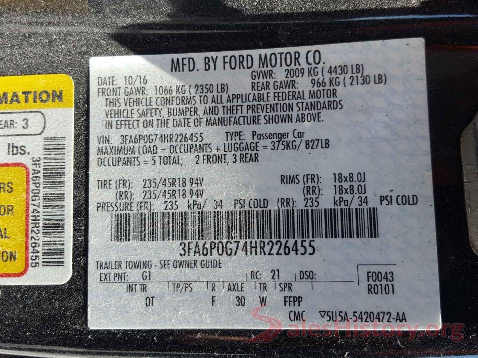 3FA6P0G74HR226455 2017 FORD FUSION