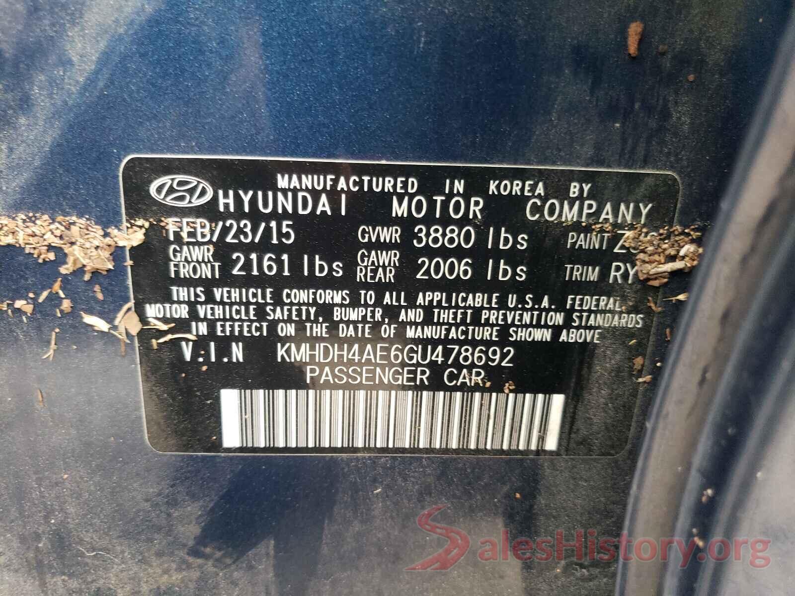 KMHDH4AE6GU478692 2016 HYUNDAI ELANTRA