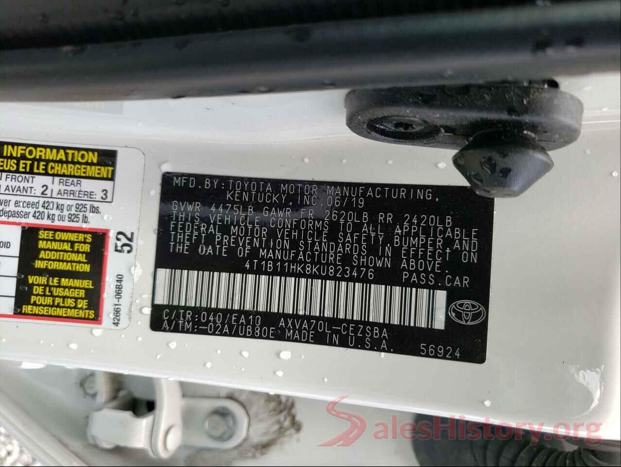 4T1B11HK8KU823476 2019 TOYOTA CAMRY