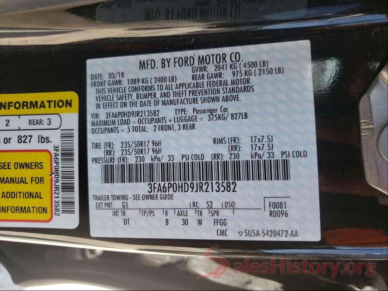 3FA6P0HD9JR213582 2018 FORD FUSION