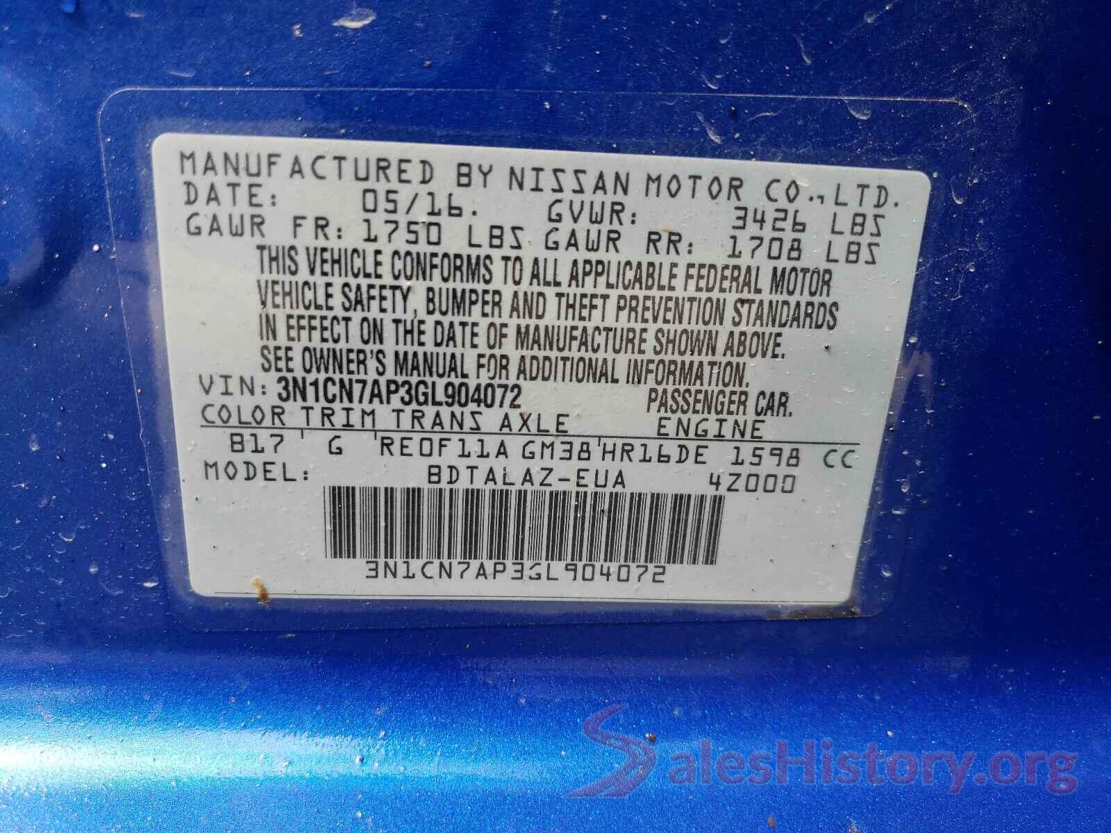 3N1CN7AP3GL904072 2016 NISSAN VERSA