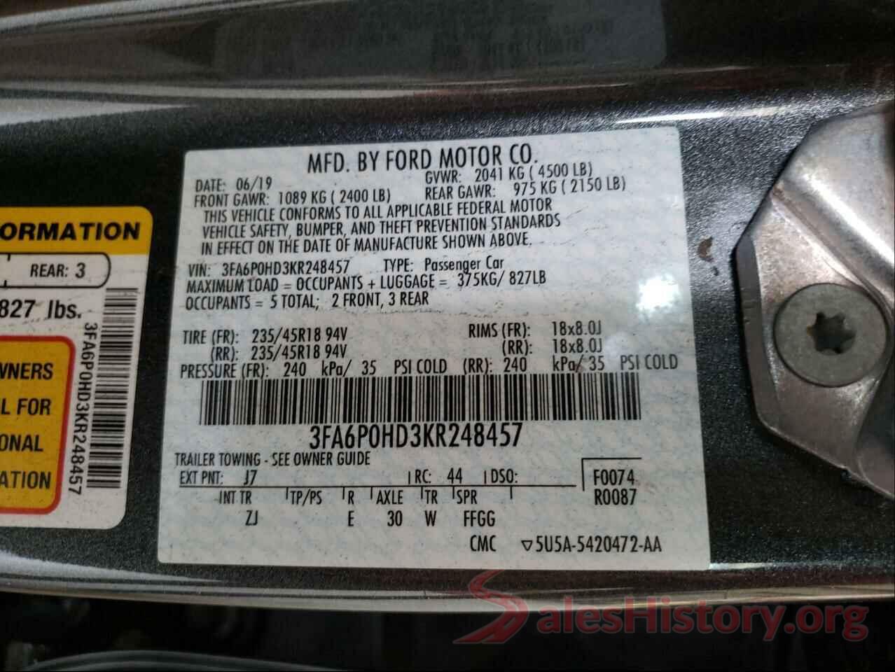 3FA6P0HD3KR248457 2019 FORD FUSION