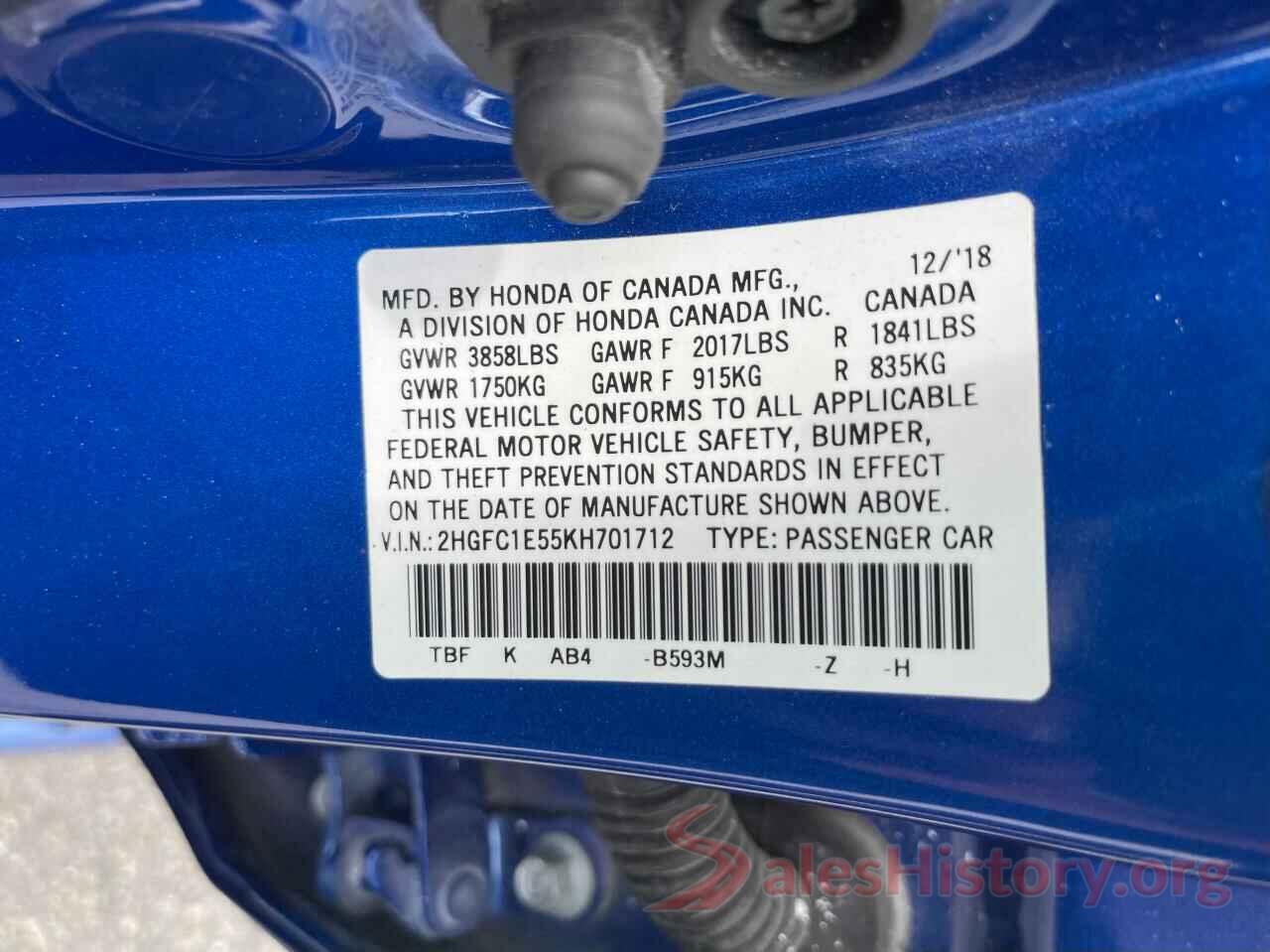 2HGFC1E55KH701712 2019 HONDA CIVIC