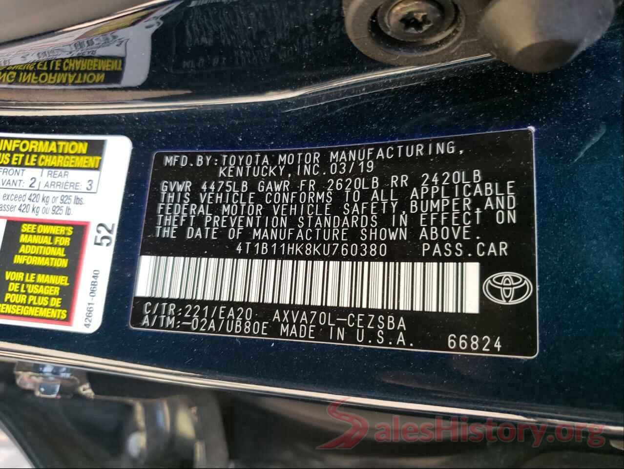 4T1B11HK8KU760380 2019 TOYOTA CAMRY